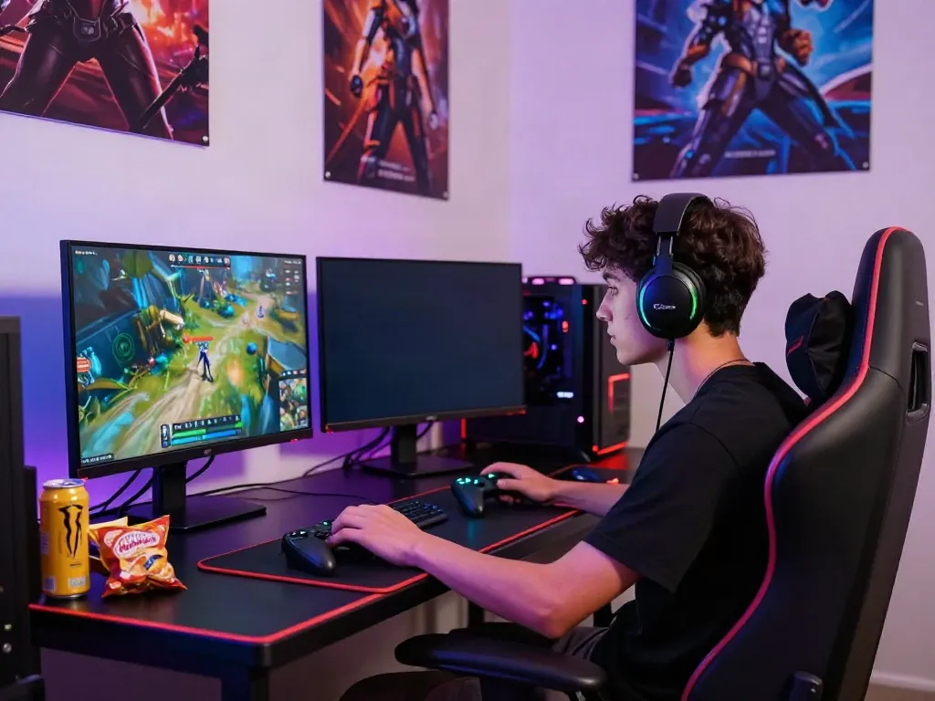 Gamer sedang fokus menggunakan nyonya4d login di ruang permainan yang modern.