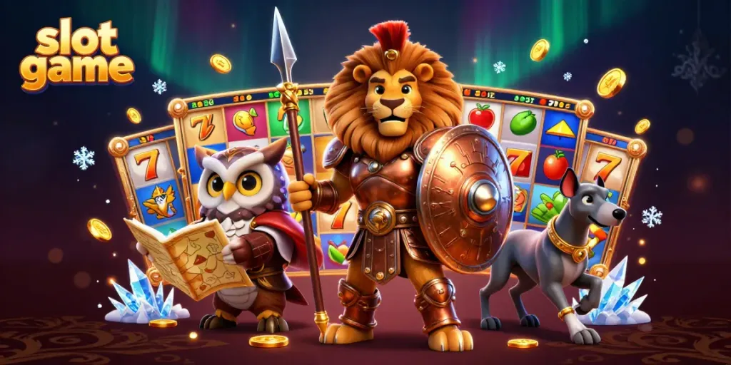 Engage in thrilling slot game action with a Spartan lion, owl strategist, and greyhound surrounded by vibrant elements.