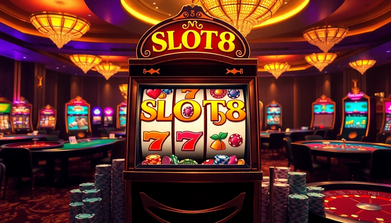 SLOTS8 slot machine in a luxurious casino setting with vibrant symbols and warm ambiance.