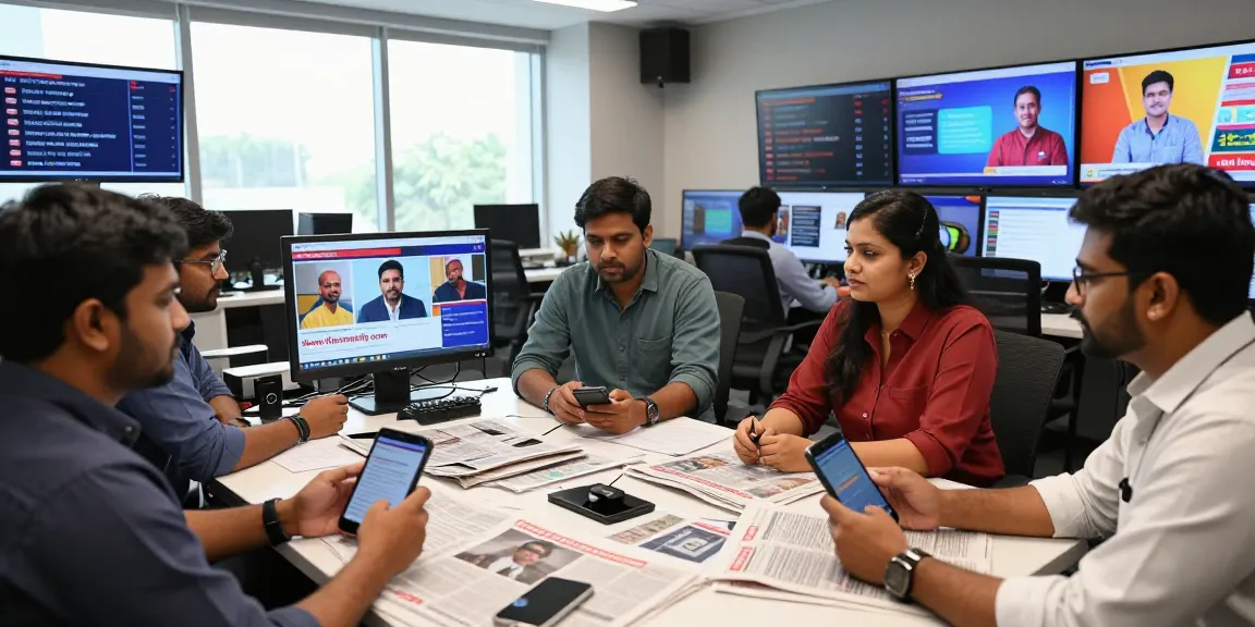 Dynamic newsroom with reporters discussing current events related to https://www.theindaily.com, showcasing the latest news in India.