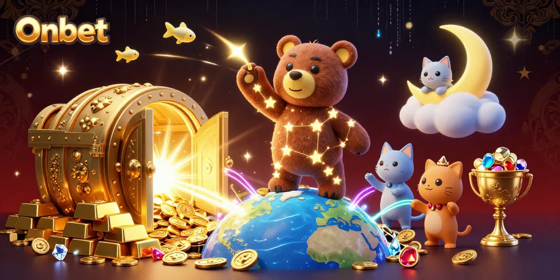 Onbet constellation bear scoops coins while a crescent moon cat lounges above a treasure vault