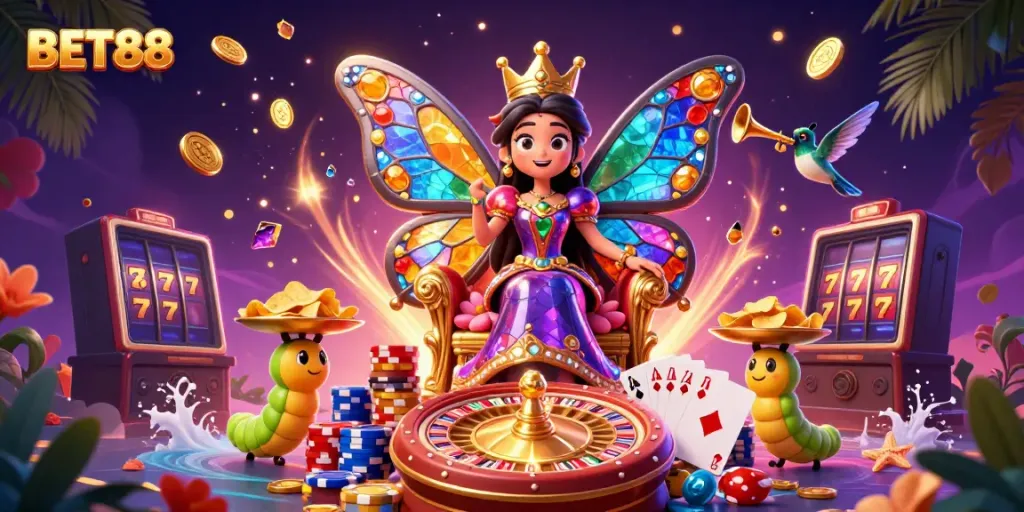 Experience the vibrant casino world of BET88 with dynamic characters and gold coins cascading around.