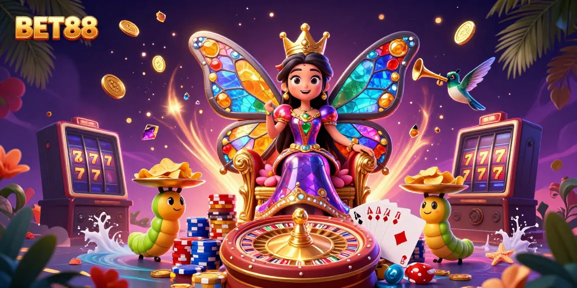 Experience the vibrant casino world of BET88 with dynamic characters and gold coins cascading around.