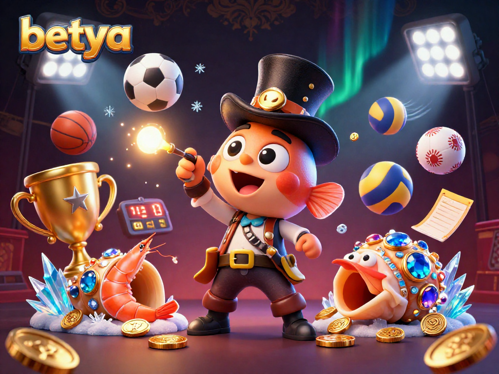 Betya showcases gambling excitement with anglerfish, shrimp, and snail in vibrant sports scene.
