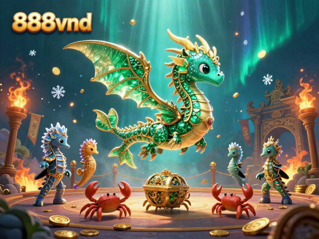 Engage in the vibrant world of 888vnd with an emerald sea dragon and treasure amidst dynamic casino elements.