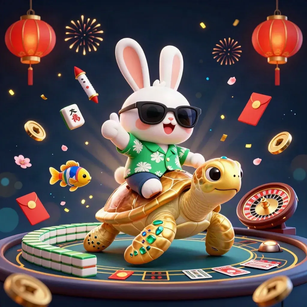 Lucky rabbit on a golden sea turtle amid casino lanterns, coins, and glowing table elements.