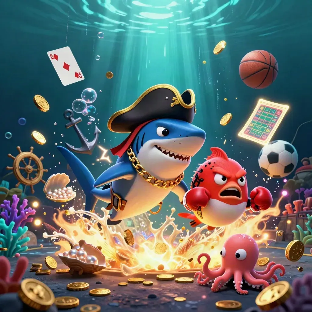 Pirate shark, pufferfish, and octopus amid coins, coral, cards, balls, and glowing underwater lights.