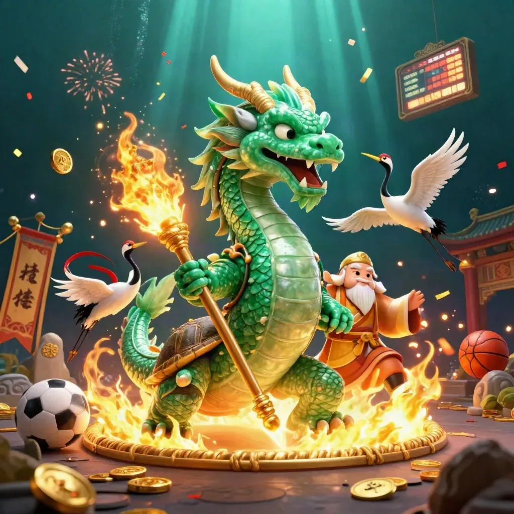 Jade dragon, turtle sage, and cranes amid gold fire, coins, sparks, and temple glow.
