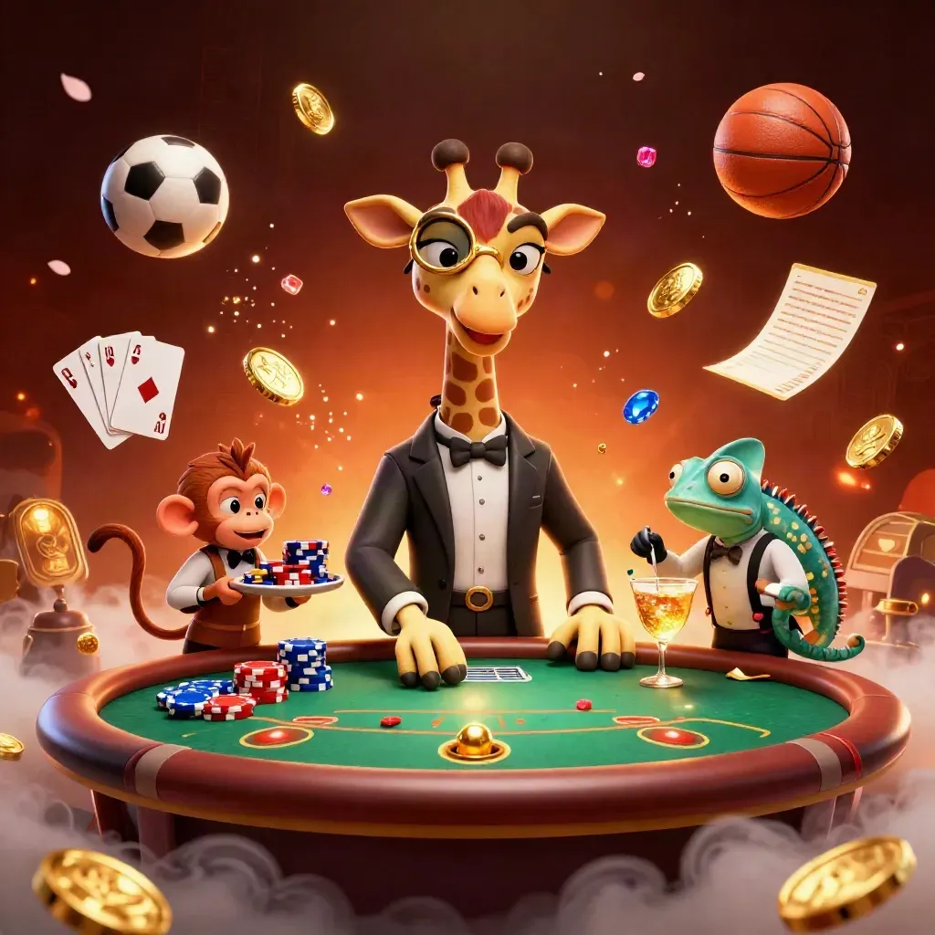 Luxury casino animals amid flying chips, cards, coins, and sports balls in a dramatic neon splash.