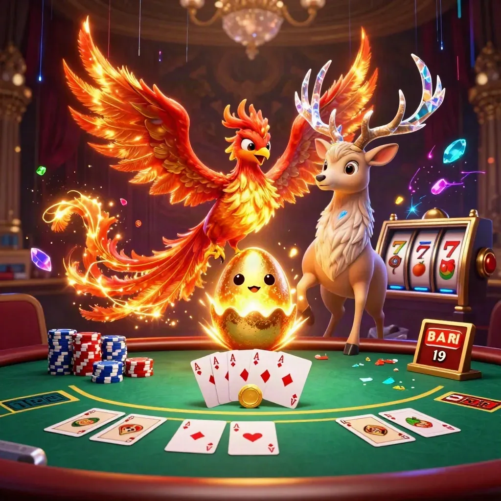 Phoenix, hatchling, and crystal stag burst over casino cards, chips, and glowing reels.