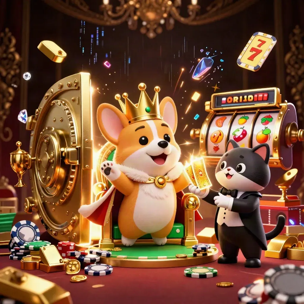 Crowned corgi and cat butler amid treasure, vault glow, and casino gold on dark damask backdrop