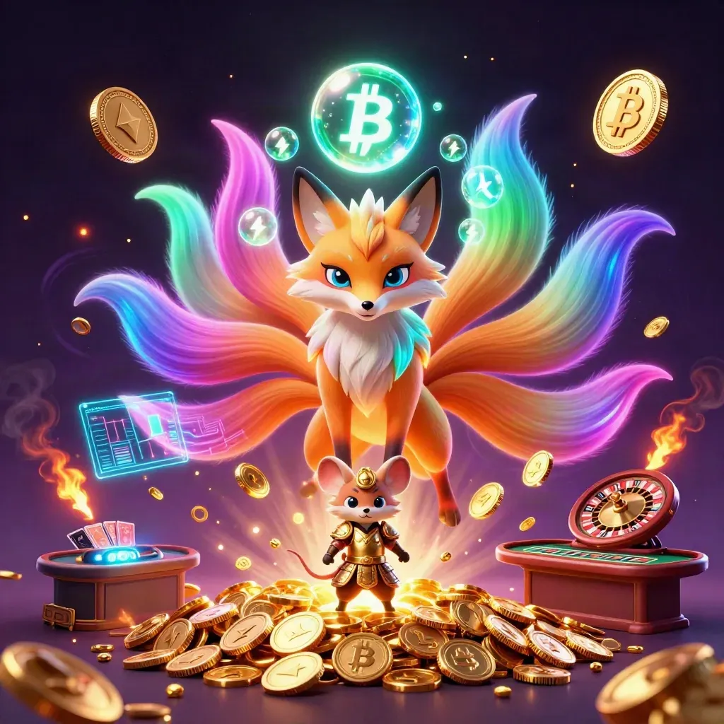 Neon fox spirit and armored mouse amid casino loot, coins, charts, and lightning