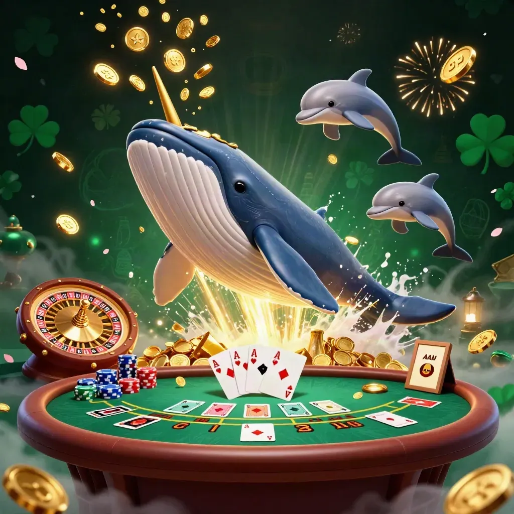 Whale captain, narwhal and dolphins amid coins, chips, cards, roulette glow and fireworks.