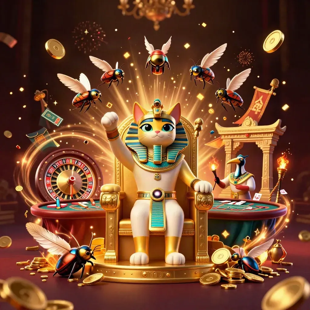 Pharaoh cat, ibis scribe, and gem-winged scarabs amid casino treasure and fireworks.