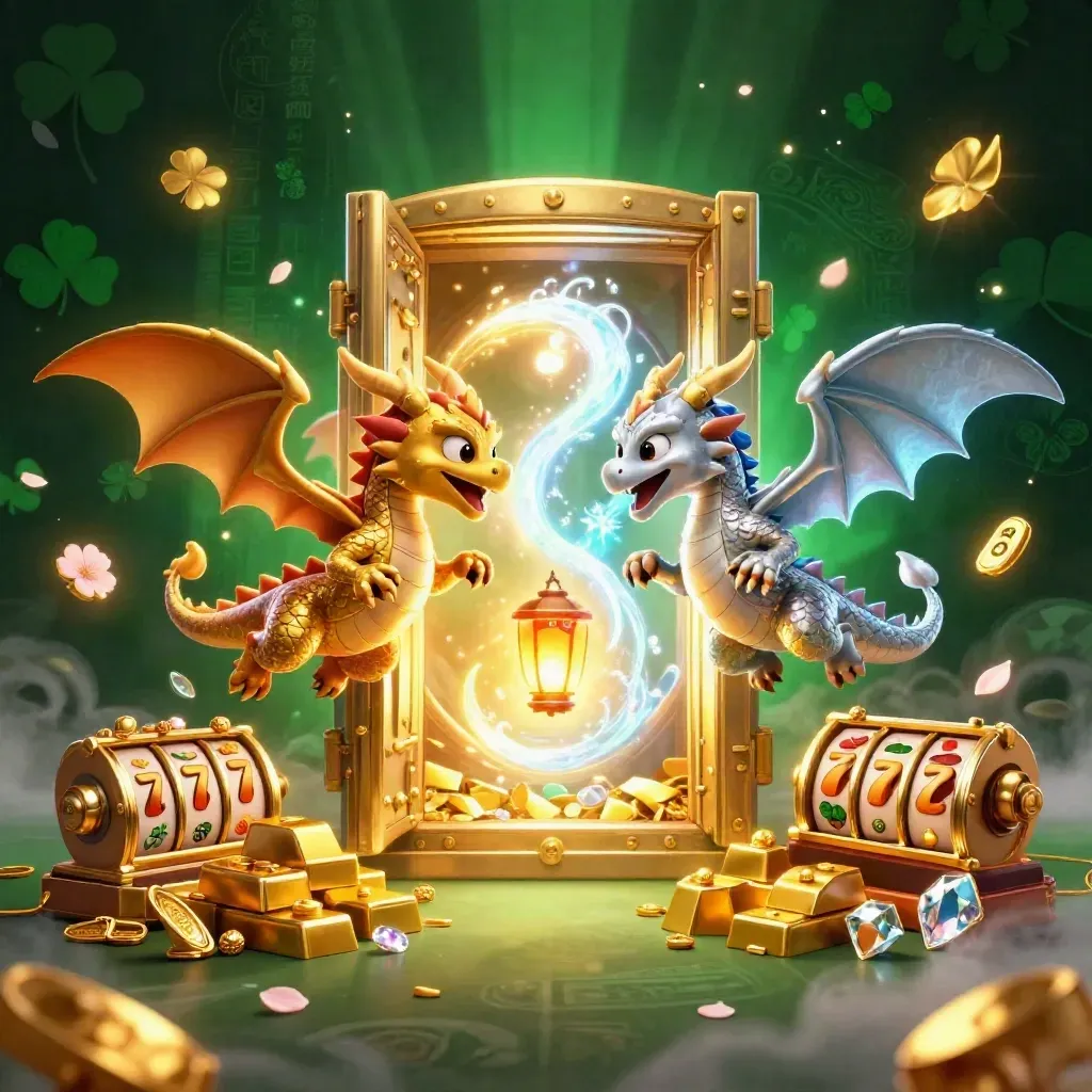 Gold and silver dragons spiral around a lantern spirit, with treasure, reels, and glowing casino magic.