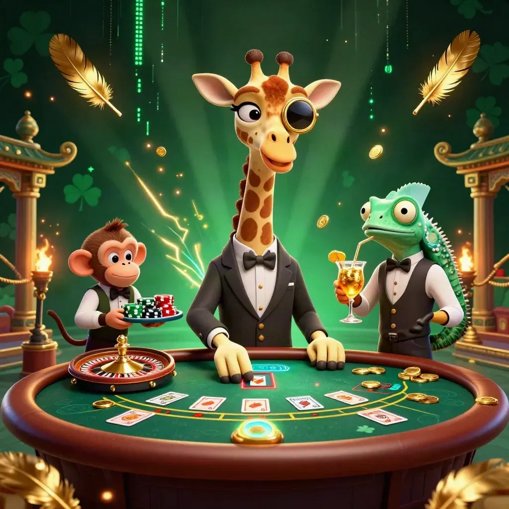Giraffe, monkey valet, and chameleon bartender at a glowing casino poker table.