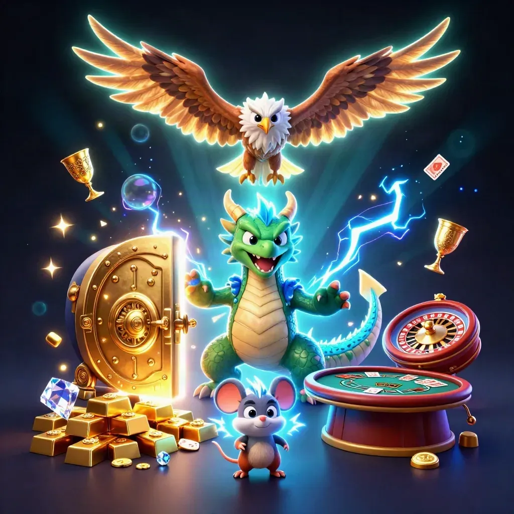 Thunder dragon, wind hawk and static mouse amid vault loot, cards, roulette wheel and neon light.