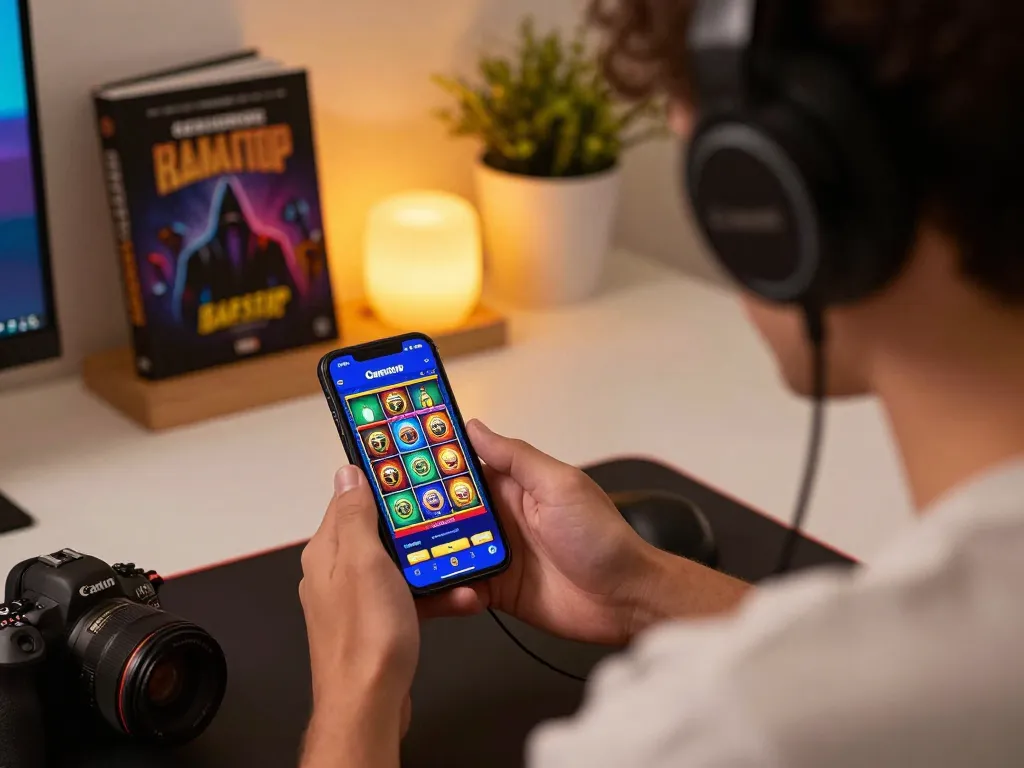 Playing slots not on Gamstop on a smartphone, showcasing a modern gaming setup and ambiance.