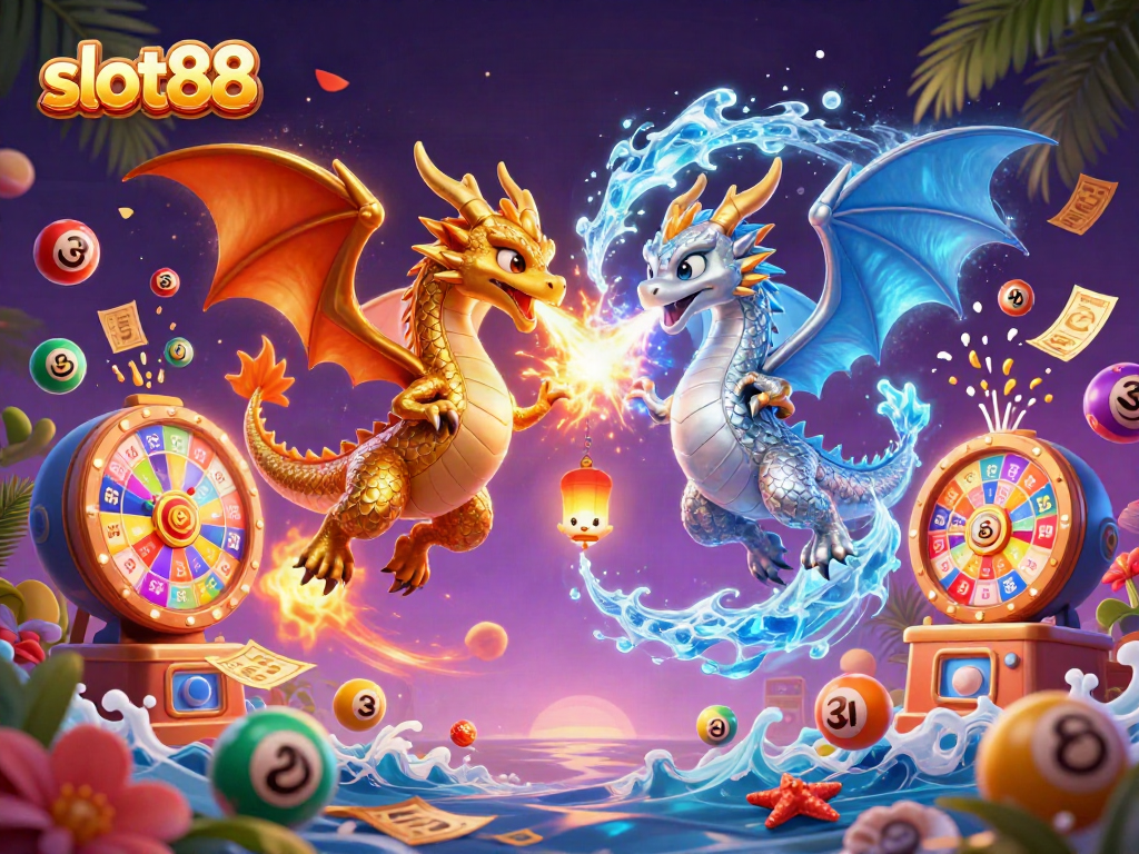 Engage with slot88 gameplay featuring 3D dragon duel and vibrant lottery elements.