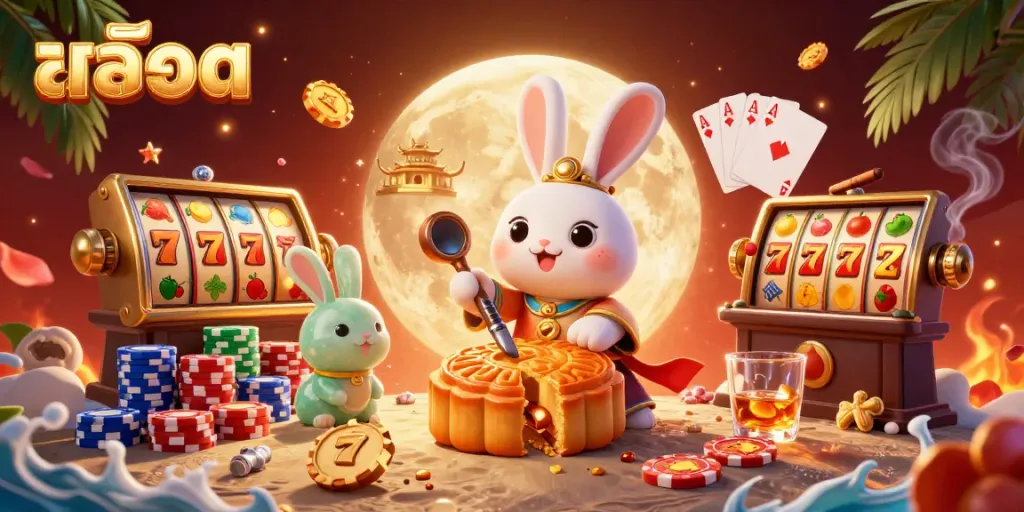 Engage with the exciting world of สล็อต, featuring vibrant 3D elements like poker chips and dynamic slot machines.