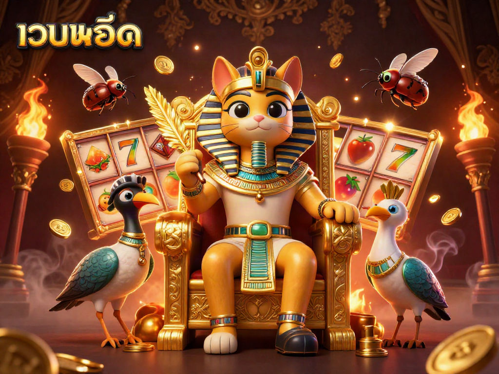 Experience เว็บสล็อต gameplay with an Egyptian pharaoh cat and slot reels bursting with gems and gold.