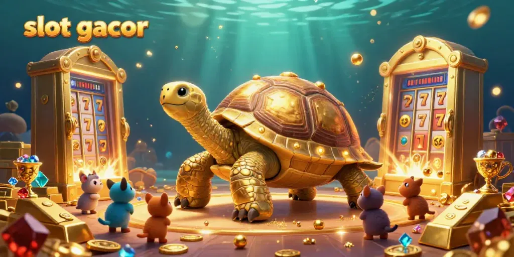 Experience exciting slot gacor gameplay with a tortoise pinball machine surrounded by treasures.