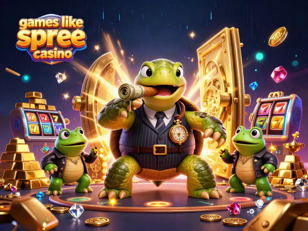Discover games like spree casino through engaging 3D illustration of turtle mobsters and casino elements.
