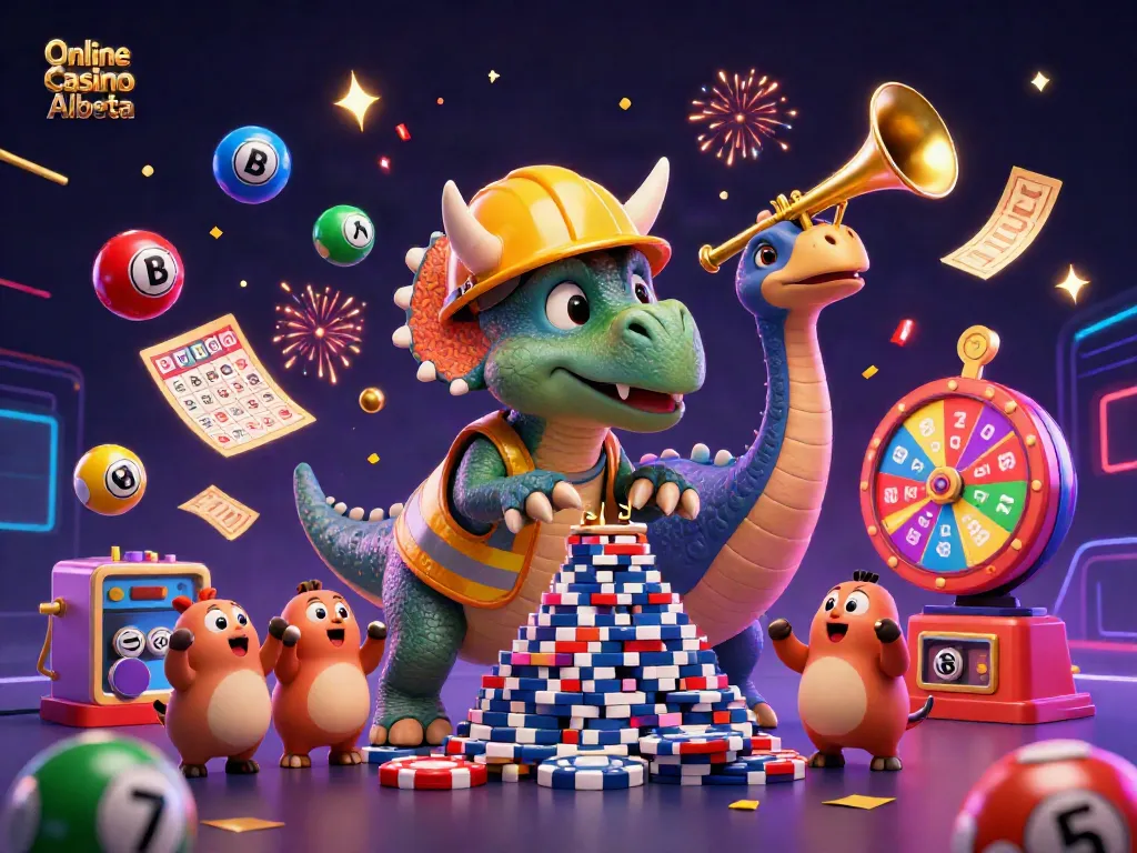 Experience the thrill of Online Casino Alberta with vibrant games and celebratory characters in this dynamic scene.