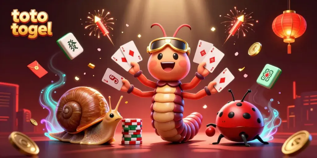Engage in thrilling toto togel action with a lively dealer and high-roller characters amidst festive casino elements.