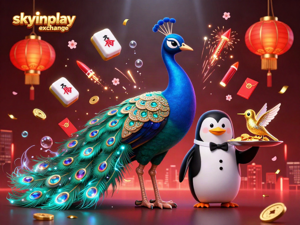 Spark excitement with the skyinplay exchange, featuring a vibrant scene of a peacock, butler penguin, and hummingbird amidst festive casino elements.