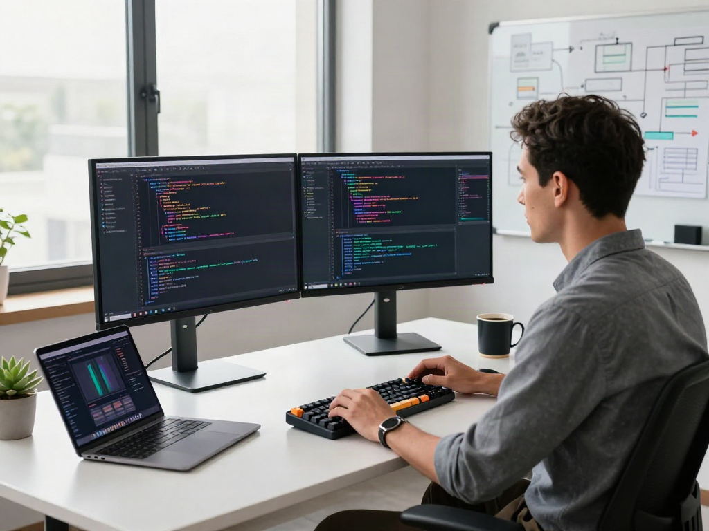 A focused developer at the A80 website coding in a modern tech workspace surrounded by gadgets and natural light.