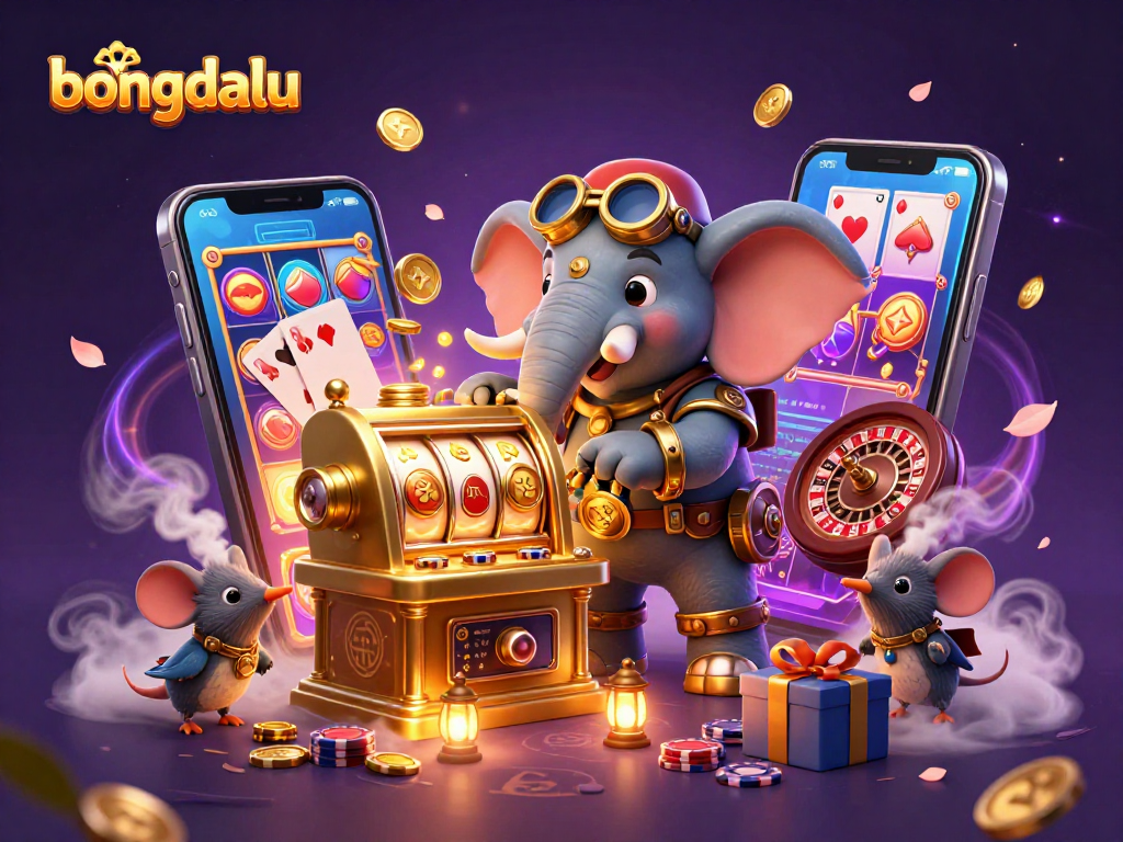 Bongdalu's animated steampunk elephant engages in thrilling slot machine gameplay amidst vibrant casino elements.