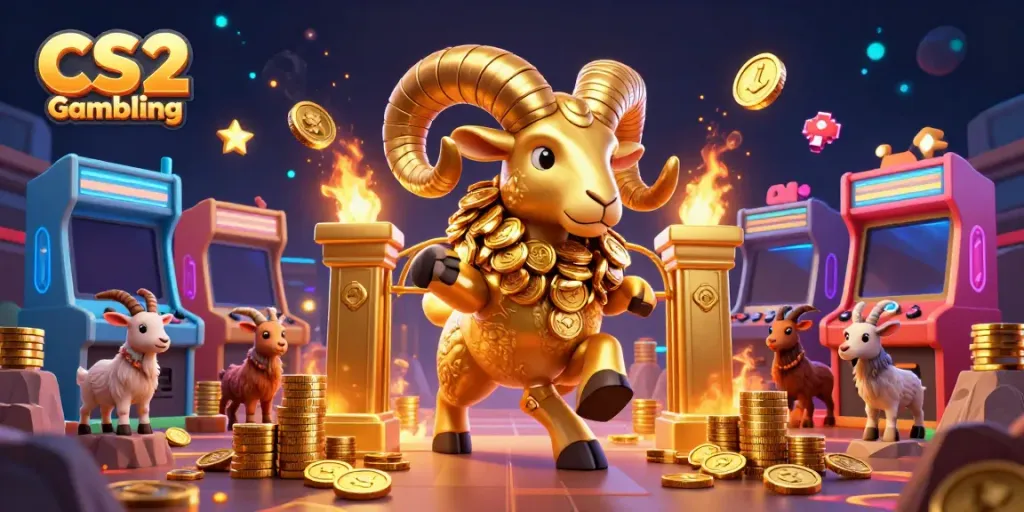 Engage in CS2 Gambling with vibrant arcade machines and golden ram mascot in a bustling casino scene.