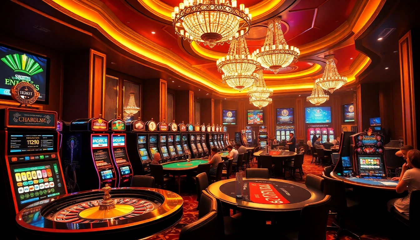 Gamblers strategizing at a vibrant casino featuring nh88 elements like tables and slot machines.