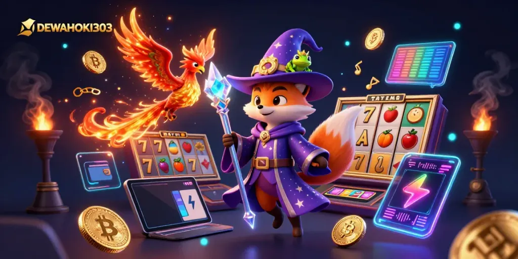 DEWAHOKI303 menyajikan jackpot menarik dengan slot dan simbol beruntung dalam ilustrasi digital 3D