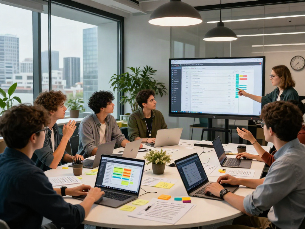 Software developers collaborating at https://alo8app.win/ UI design workshop with colorful mockups.