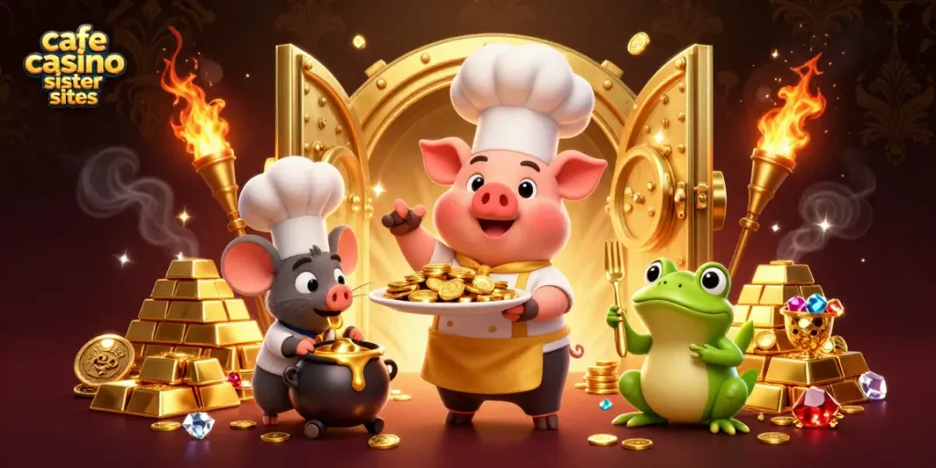 Engage in the excitement of cafe casino sister sites with lavish gold and dynamic characters celebrating wealth.