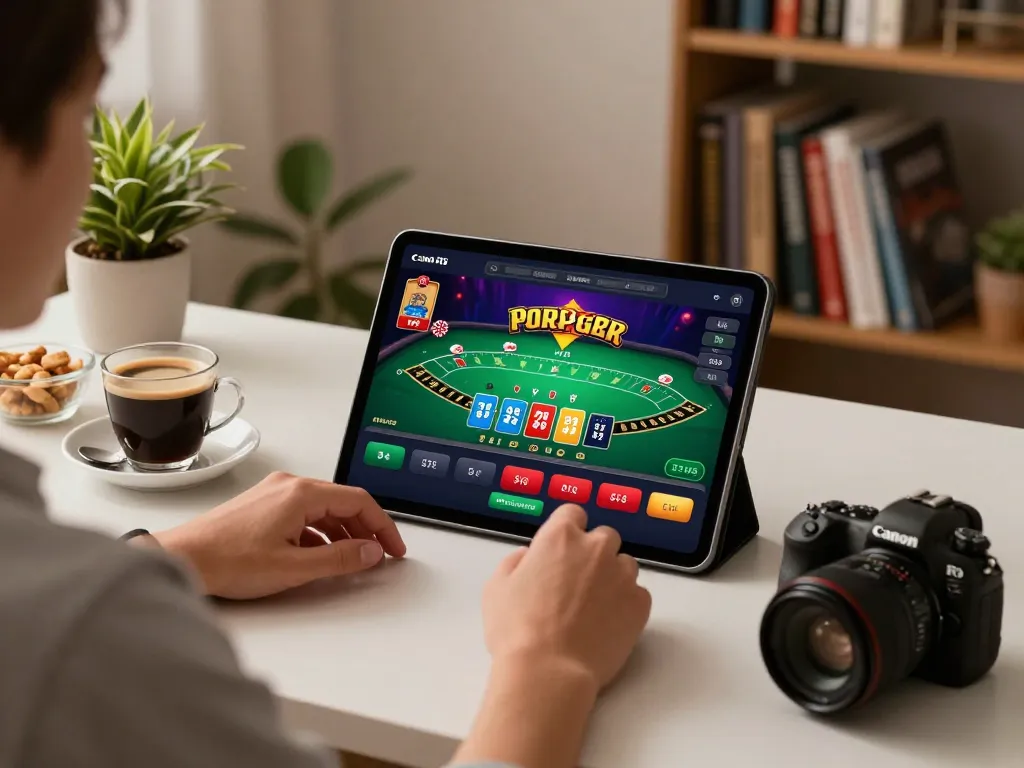 Experience ATQ online gaming with a player engaged at a tablet for blackjack, exuding entertainment in a cozy environment.