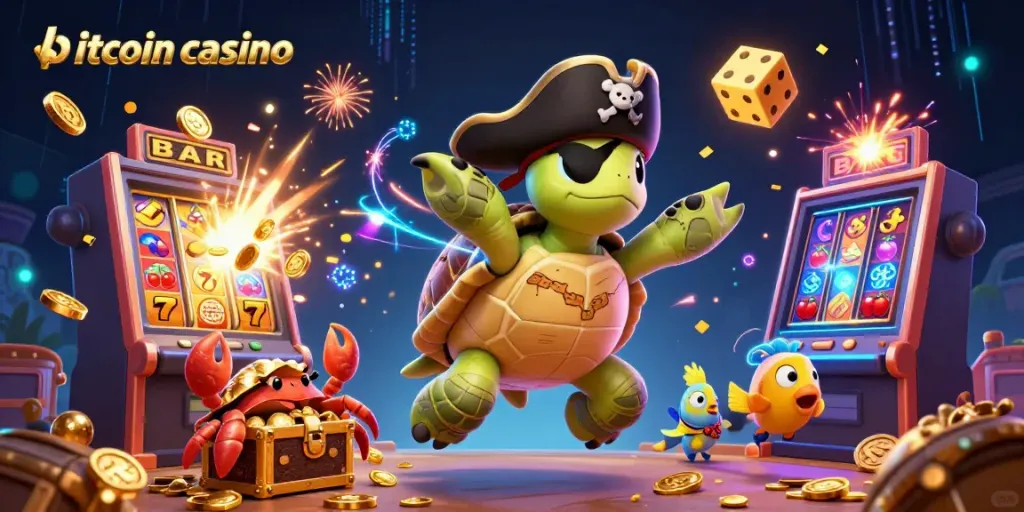 Engage in bitcoin casino fun with vibrant characters amidst dynamic game elements and treasure.
