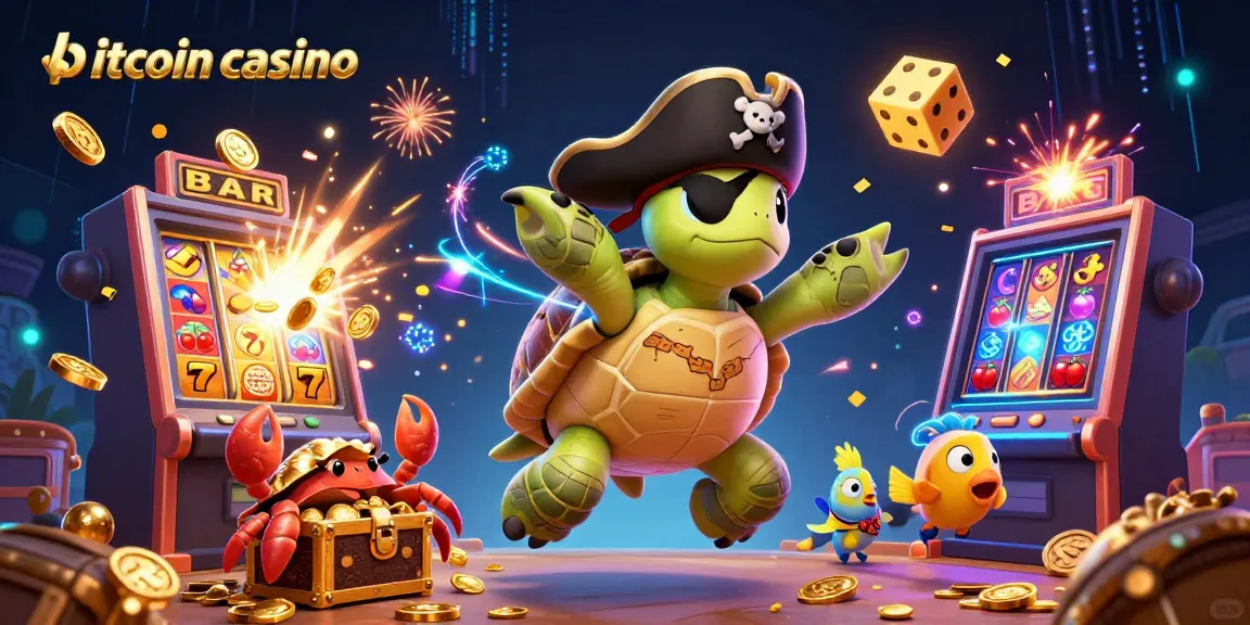 Engage in bitcoin casino fun with vibrant characters amidst dynamic game elements and treasure.
