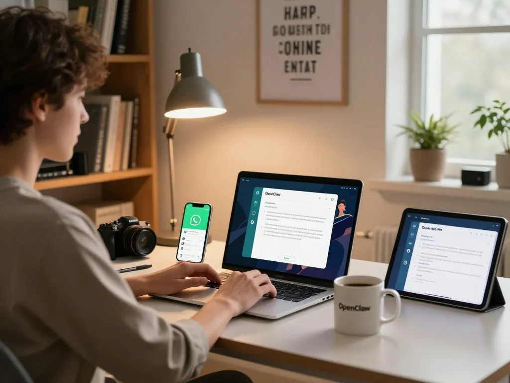 User configuring OpenClaw personal AI assistant on laptop in home office, showcasing multiple devices and warm workspace.
