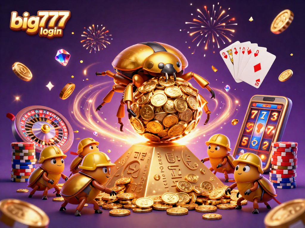 Roll into fun with big777 login featuring a golden beetle and casino treasures.