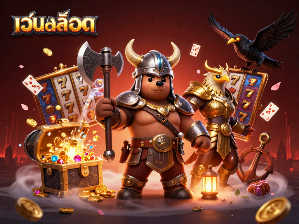 Exciting เว็บสล็อต illustration showcasing dynamic characters surrounded by vibrant slot reels and treasures.