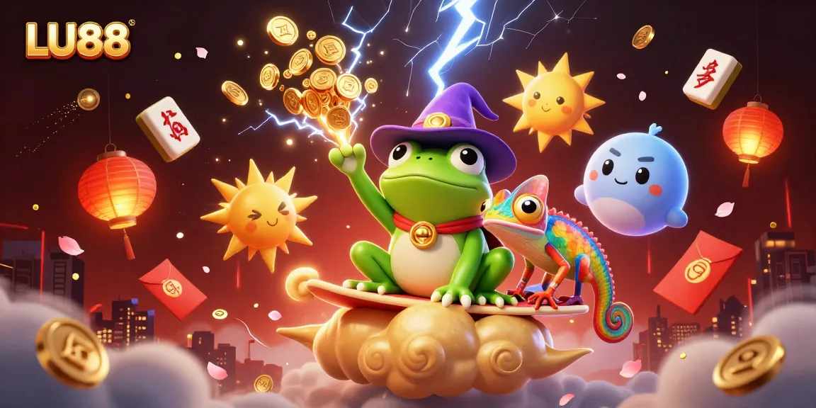 LU88 engages players with a vibrant scene of a wizard frog and chameleon amidst a storm of coins.