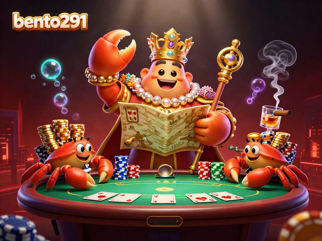 Experience thrilling poker action with bento291's golden crab emperor surrounded by a vibrant casino scene.