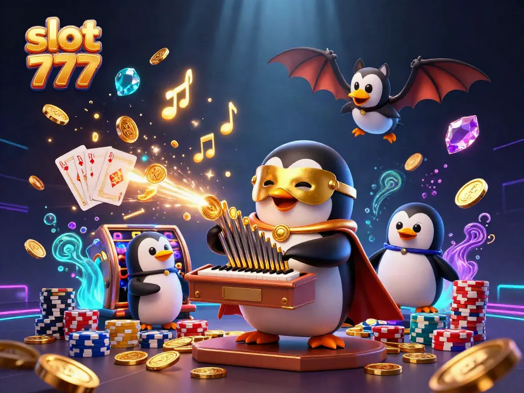 Slot 777 menampilkan penguin opera bermain organ sambil memuntahkan koin emas di kasino.