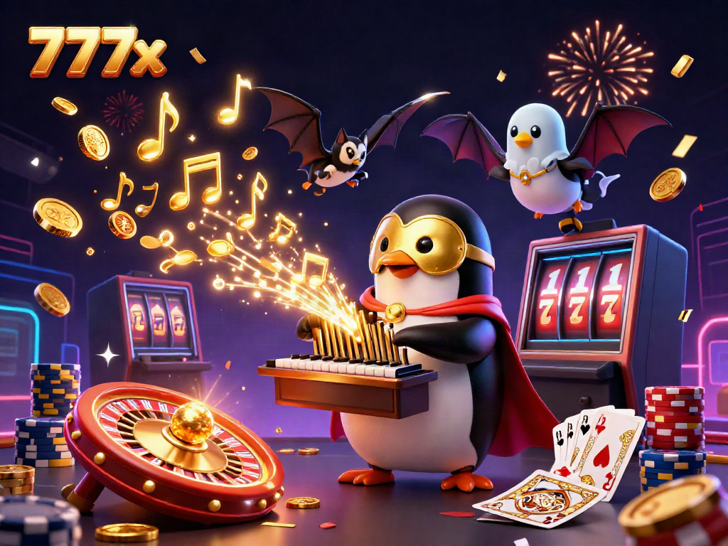 Experience big wins at 777x casino with a colorful 3D penguin playing an organ shooting golden coins.