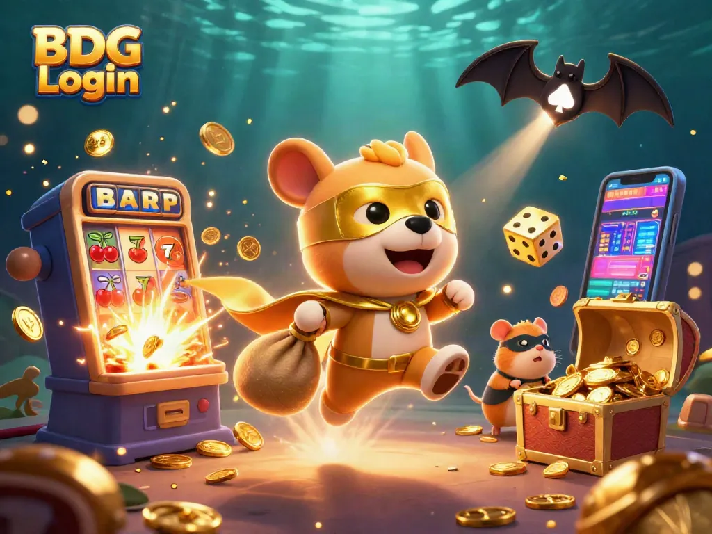 Engage with the fun BDG Login scene featuring a superhero dog and coins flying in a vibrant casino environment.