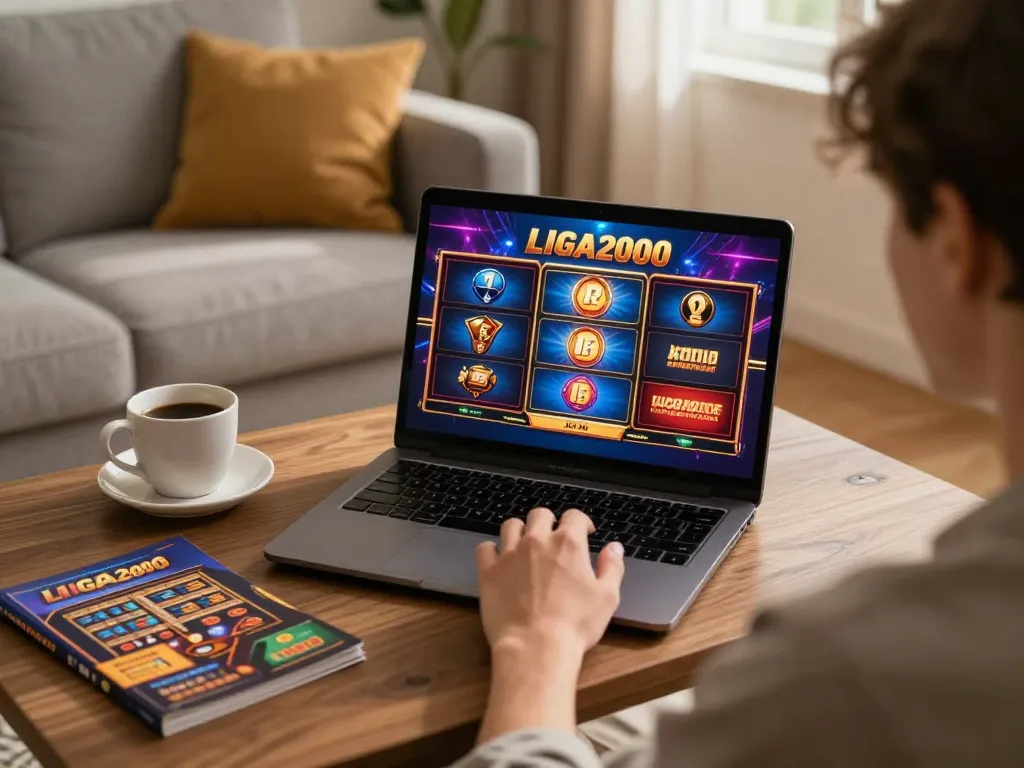 LIGA2000 gaming session on a laptop in a cozy home setup with strategy notes and warm lighting