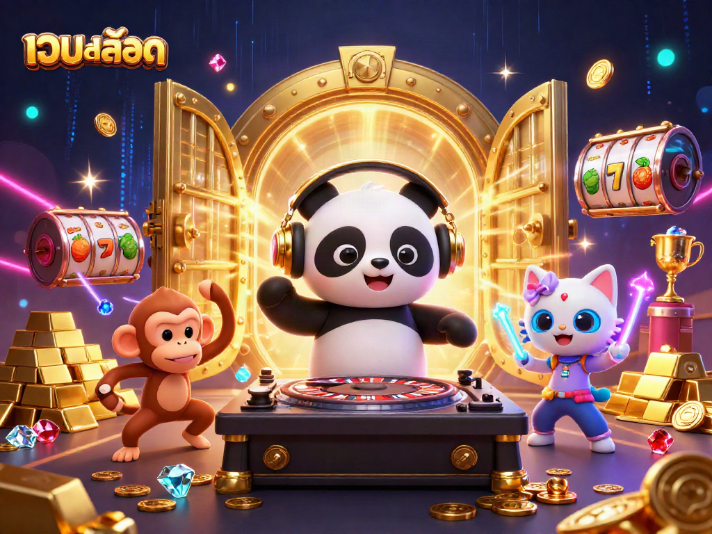Experience the excitement of เว็บสล็อต with vibrant characters and dynamic gambling elements in a rich, detailed 3D scene.